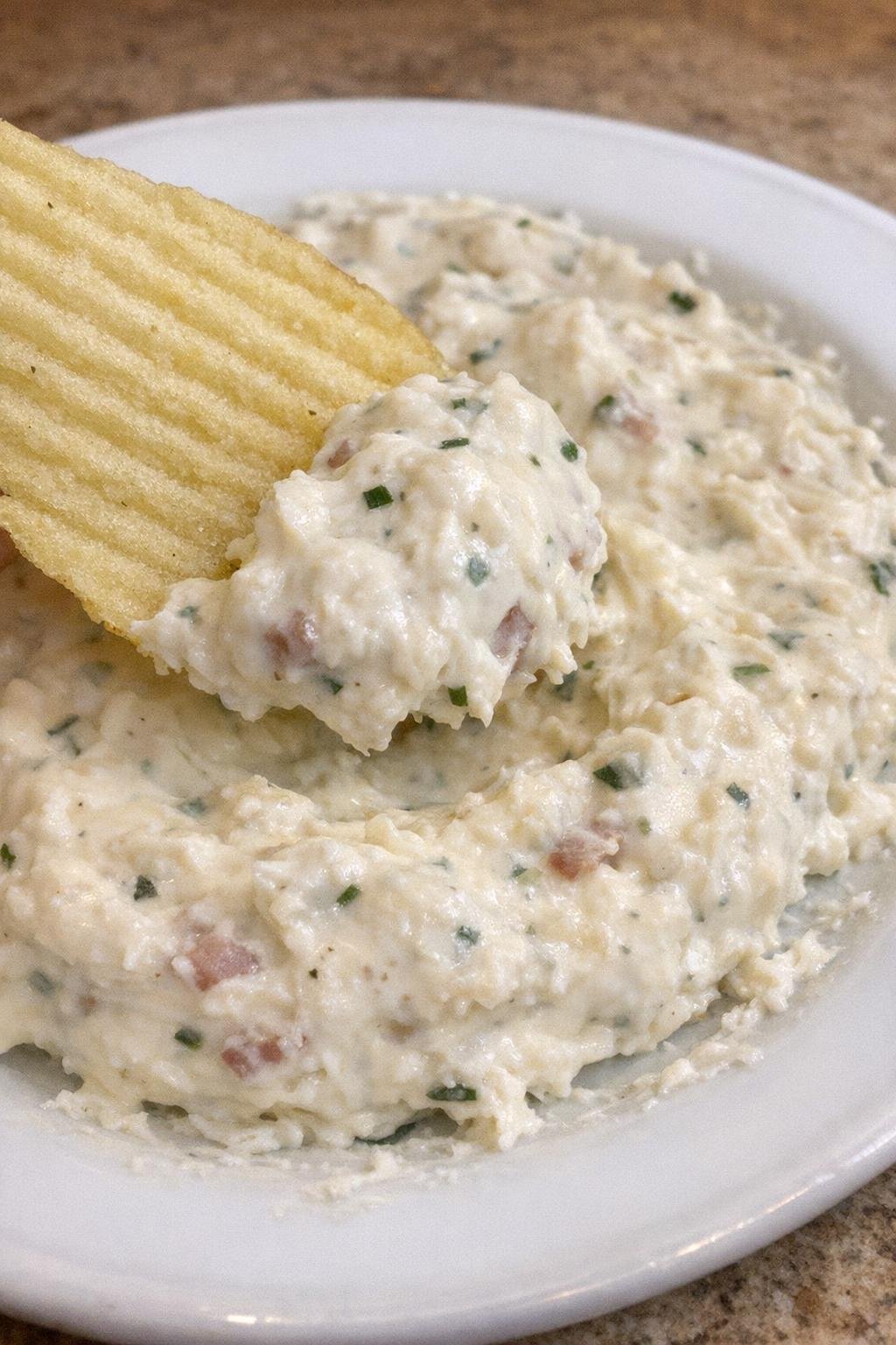 Close-up of ranch pendleton dip with a chip lifting a creamy scoop