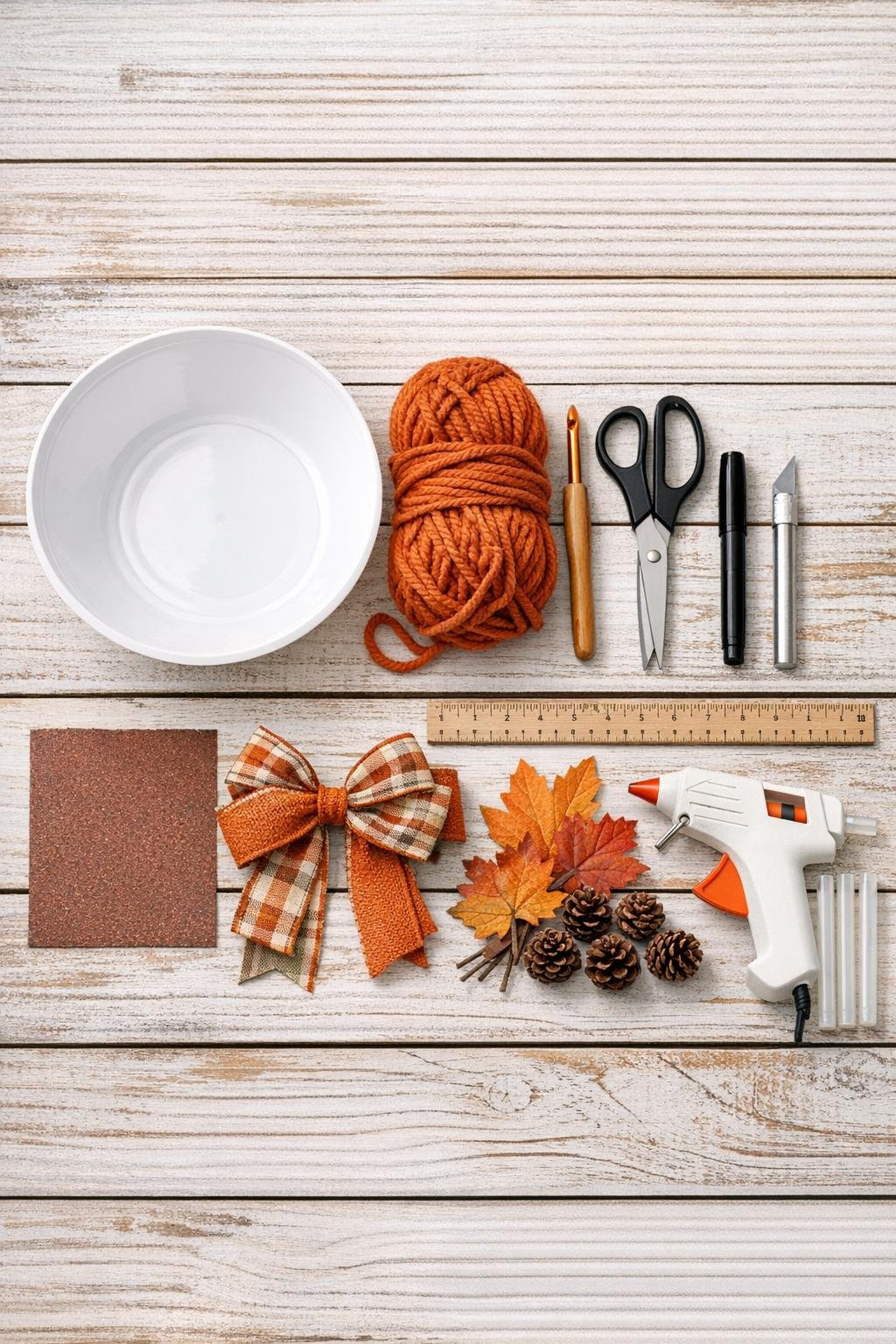 Materials for a crochet bowl wreath laid out on a table