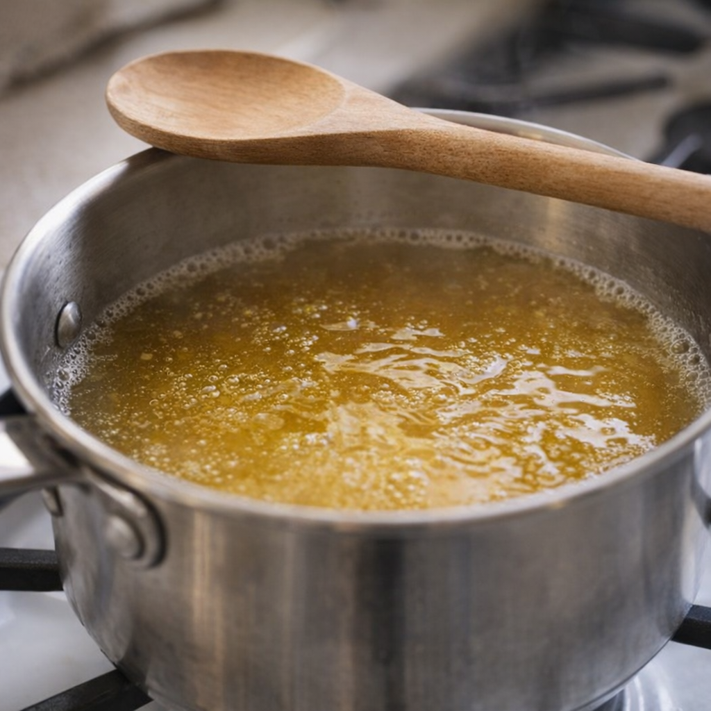 Golden bouillon broth simmering in a small saucepan