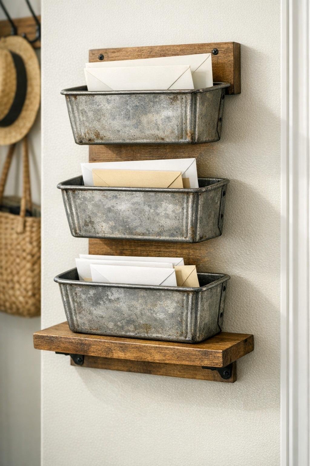 Completed hallway mail sorter made from vintage loaf pans mounted to a floating shelf