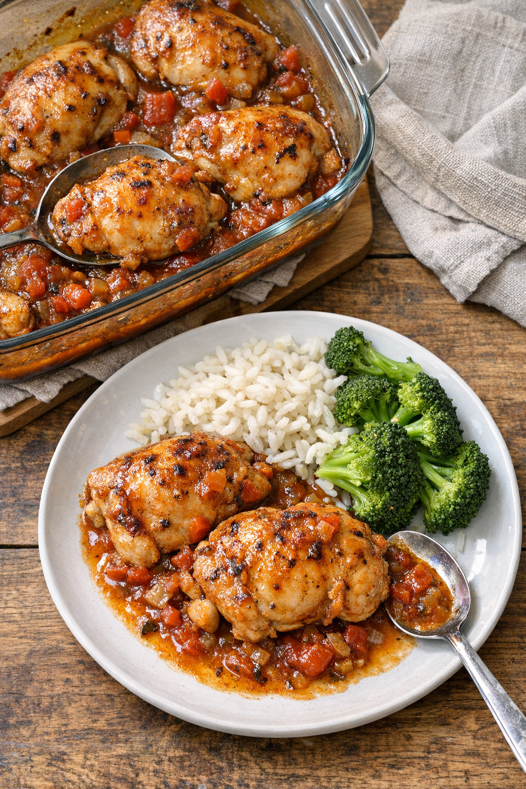 Finished baked chicken thighs in casserole dish