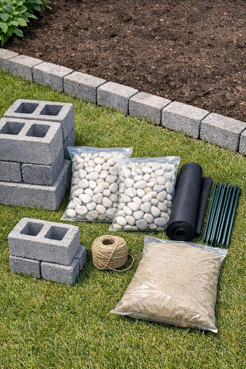 Materials for making a garden border with cinder blocks and white river rock