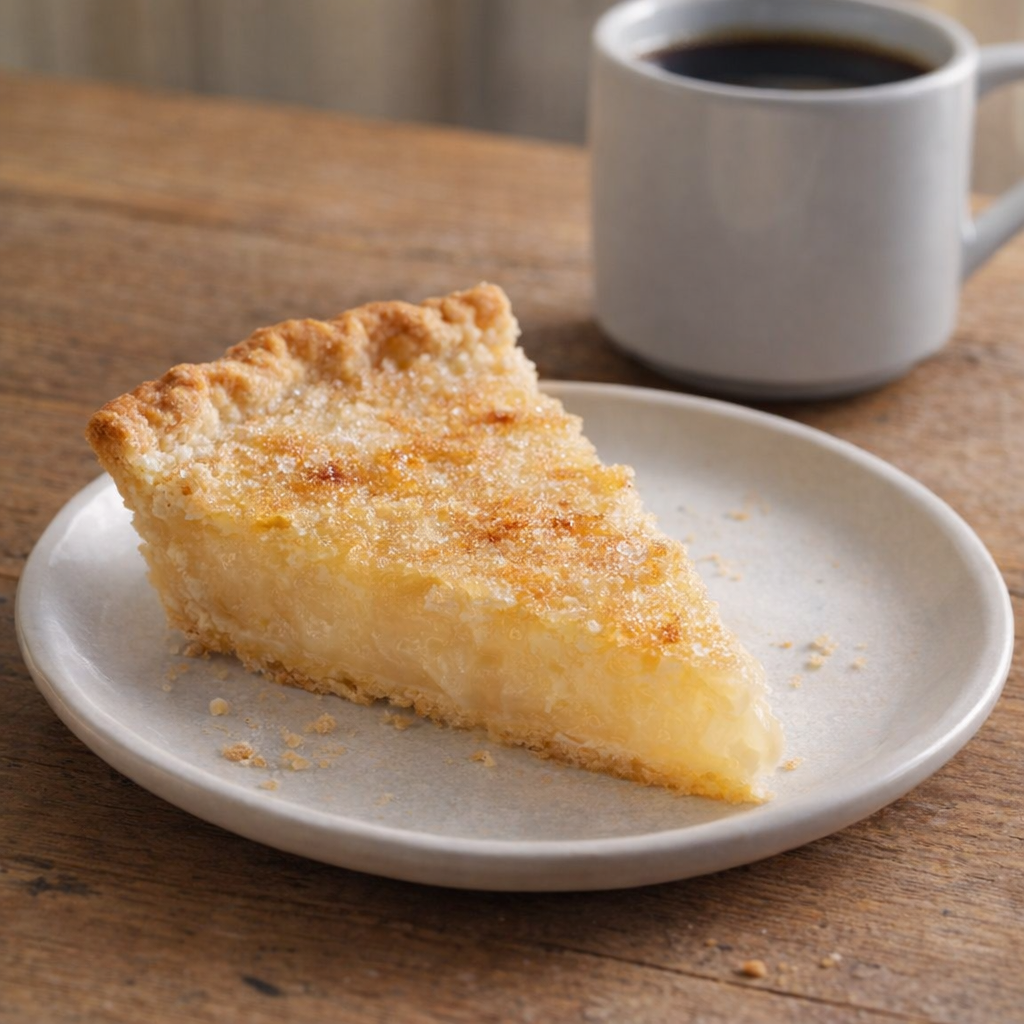 Slice of water pie served with coffee on a simple table