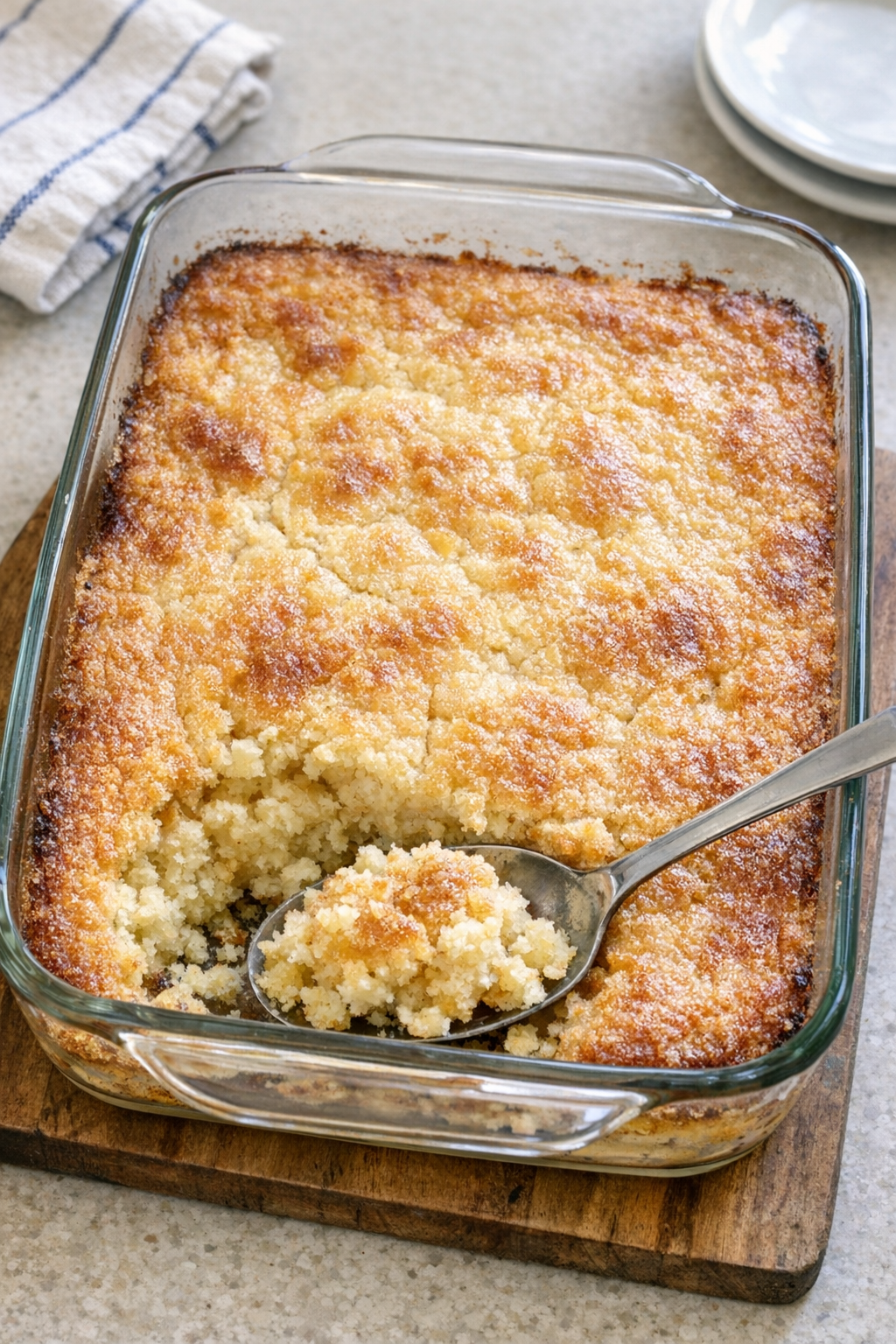Baked vanilla cake mix dessert in a glass casserole dish