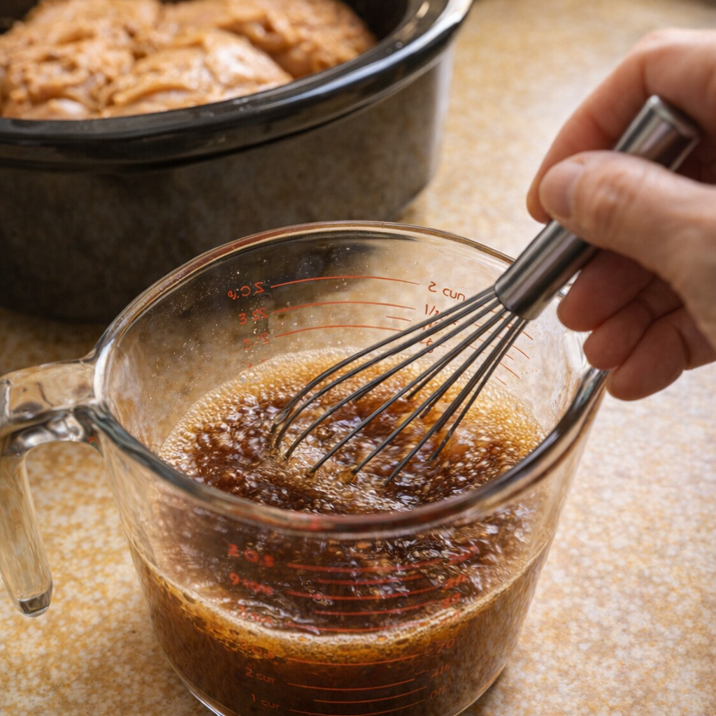 Soy sauce mixture being whisked in a glass measuring cup