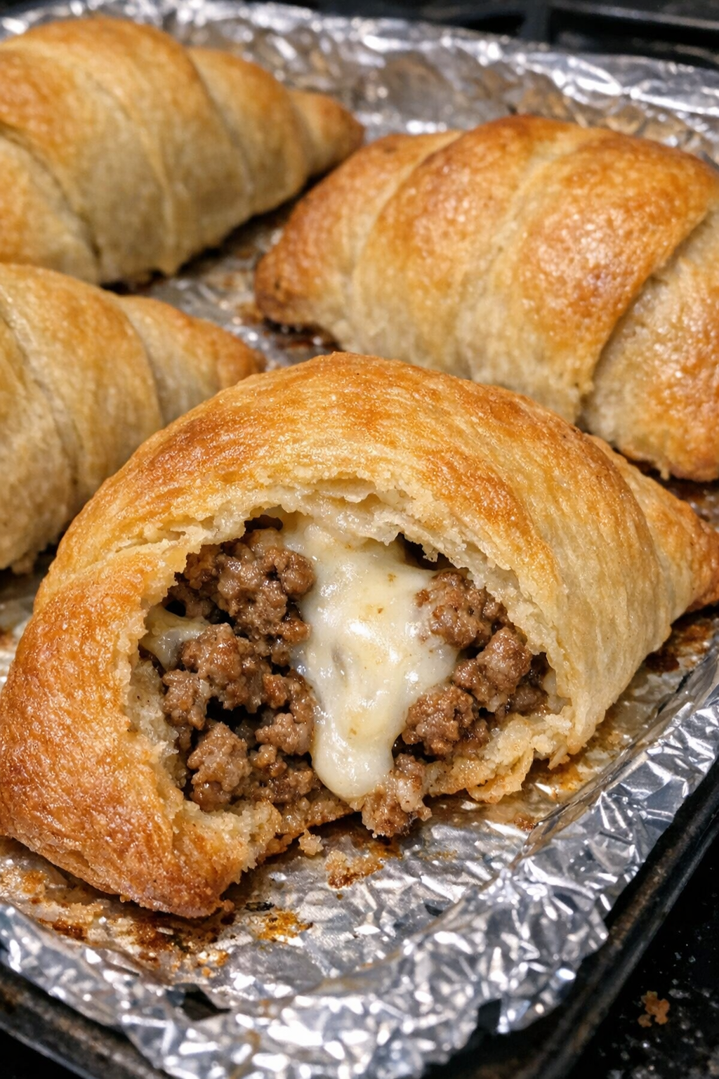 Oven baked beef crescent patties on a foil-lined baking sheet