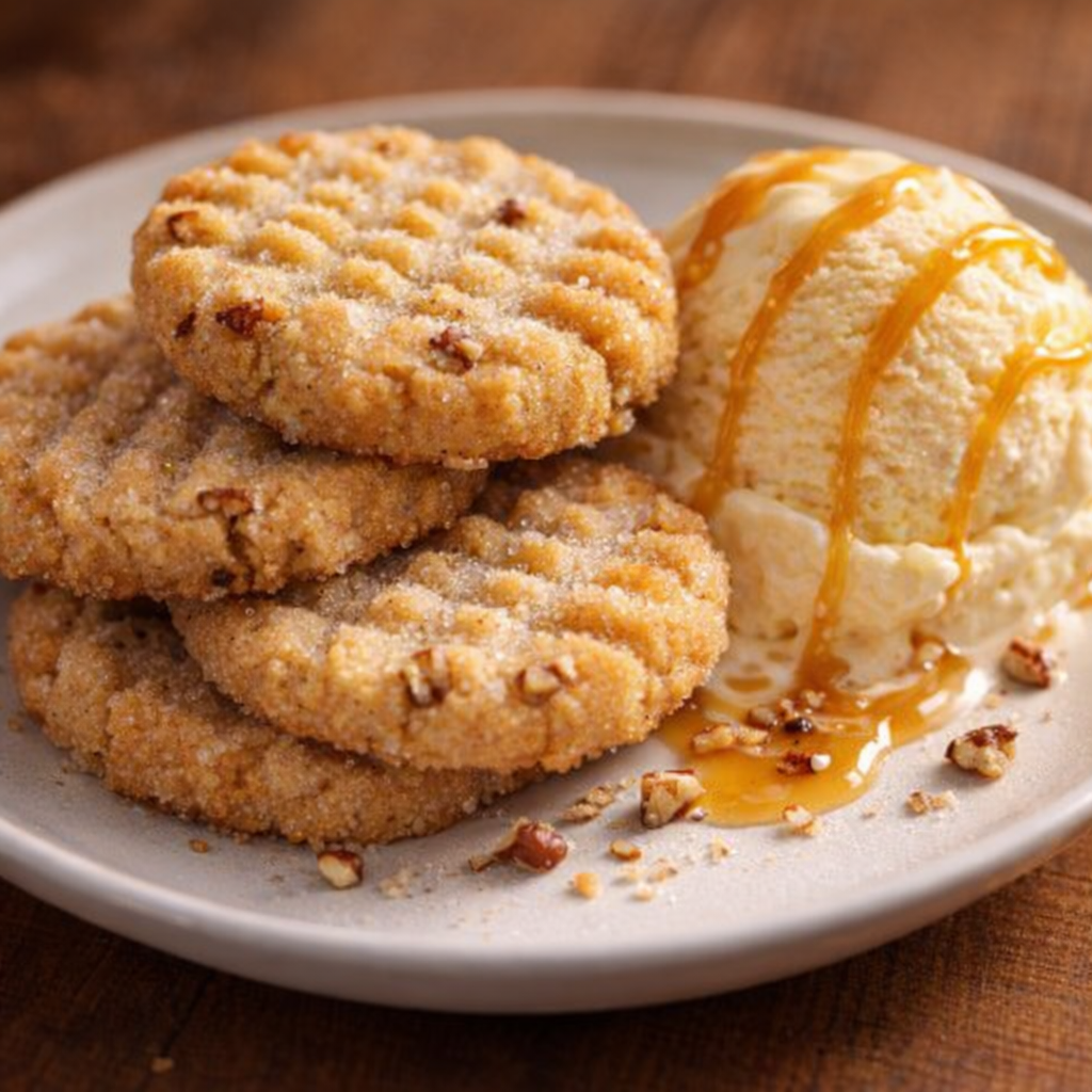 Shortbread cookies served with vanilla ice cream and caramel
