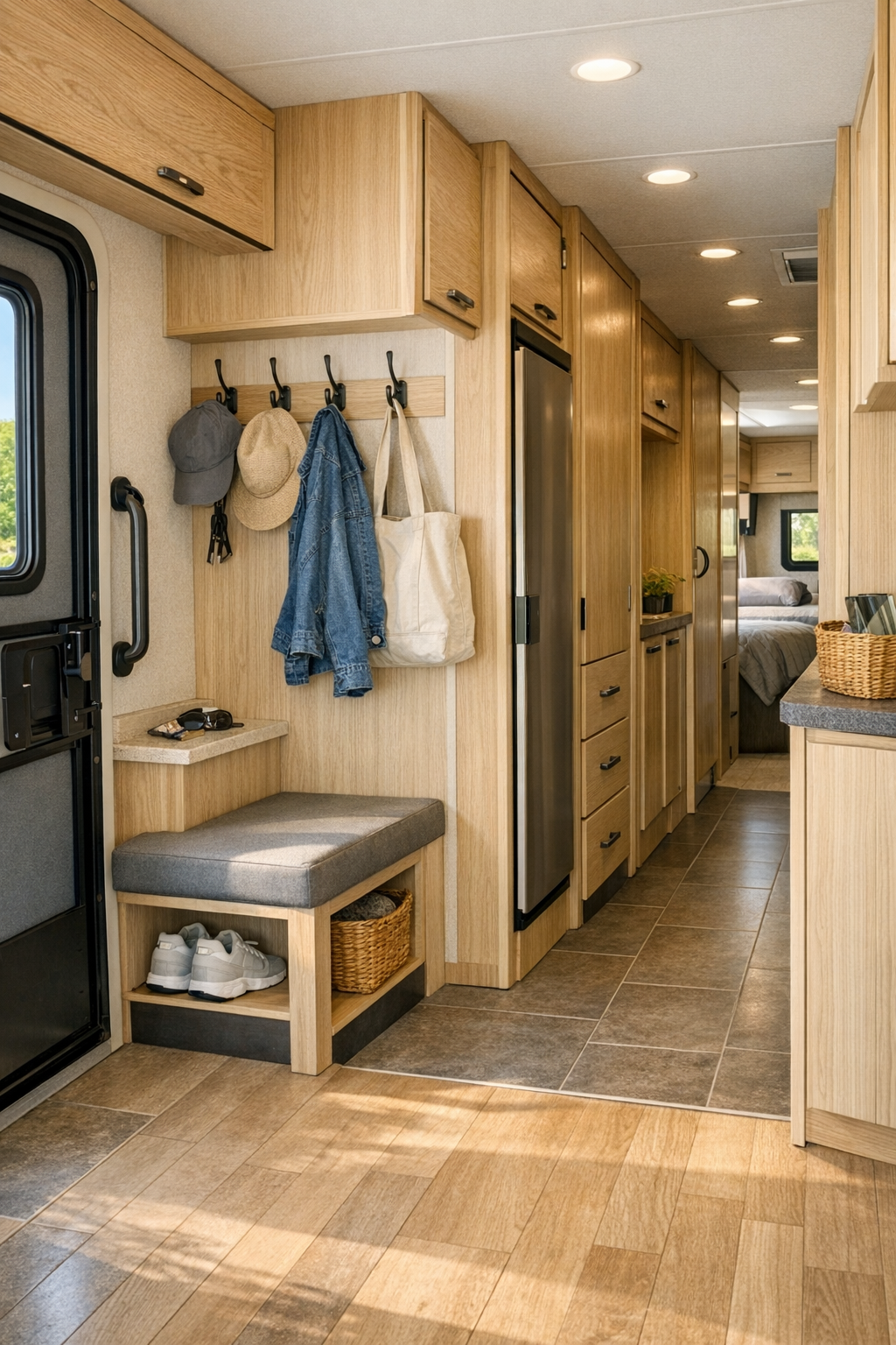 Accessible RV entry and hallway with built-in storage and durable flooring