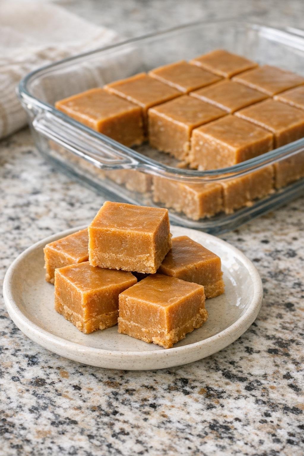 Cut squares of caramel fudge served on a small plate