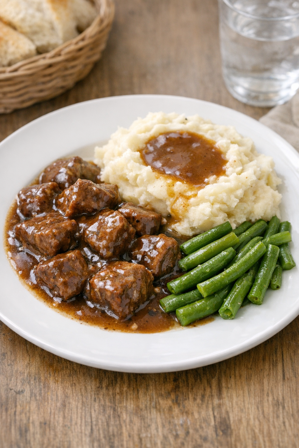 Finished Amish beef and gravy plated for dinner