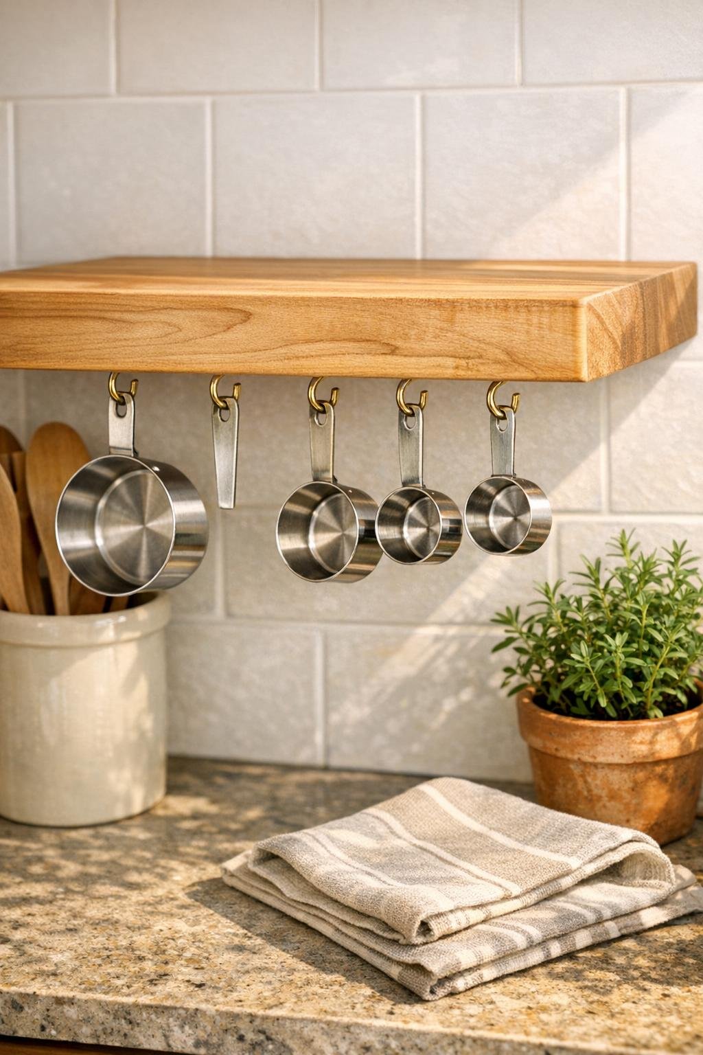 Finished wall-mounted cutting board measuring cup rack in a styled kitchen