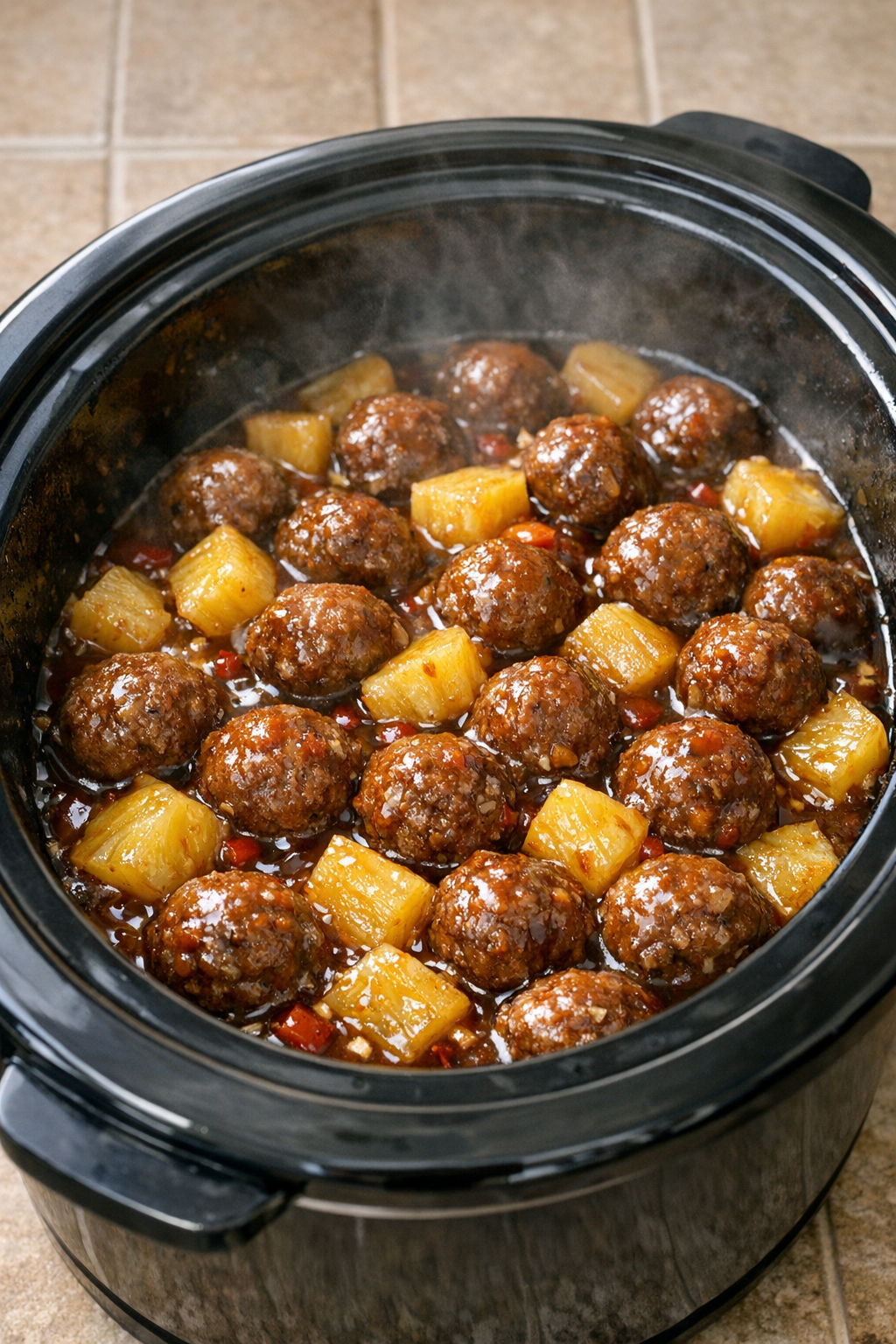 Cooked meatballs simmering in the slow cooker