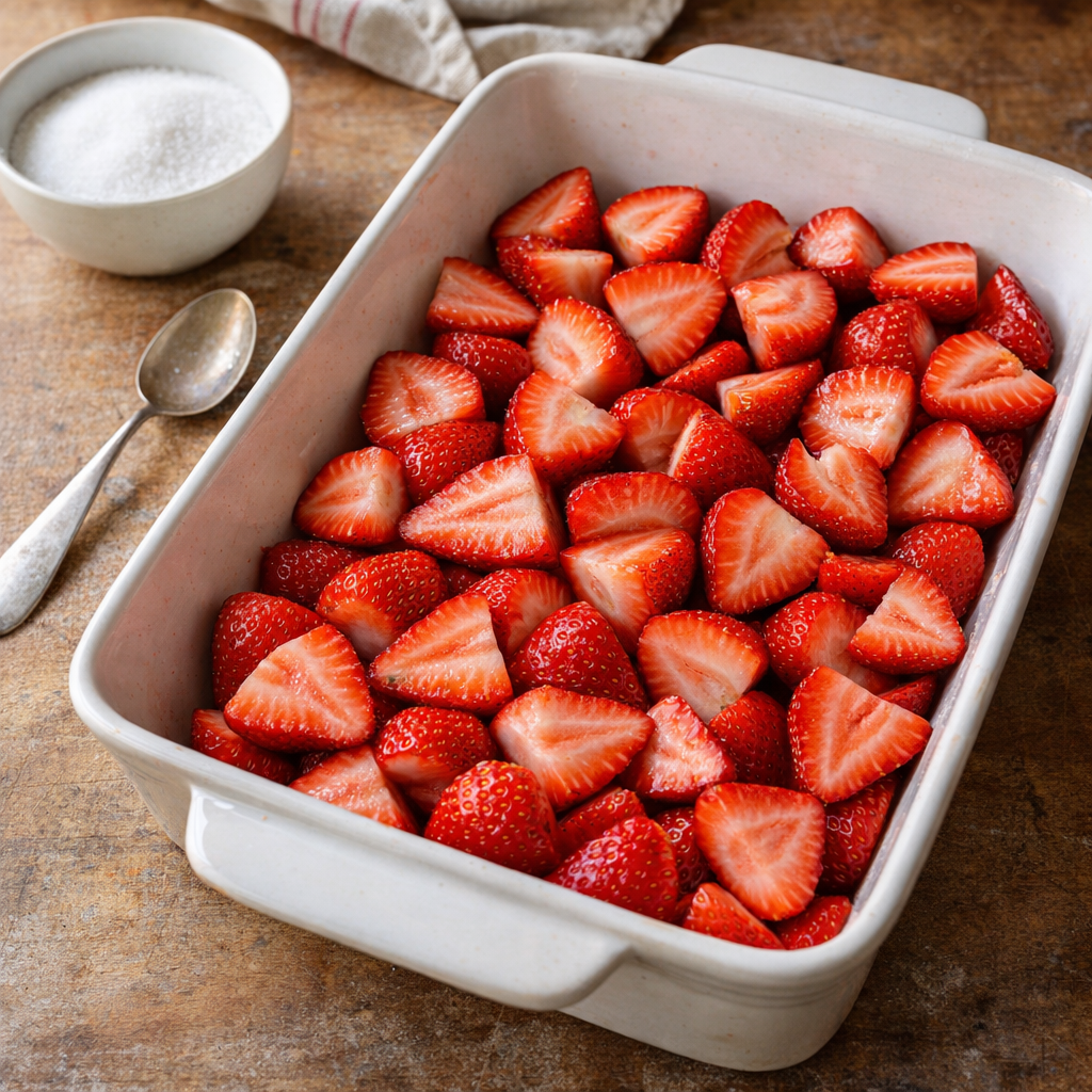Halved strawberries in a white baking dish on a farmhouse counter