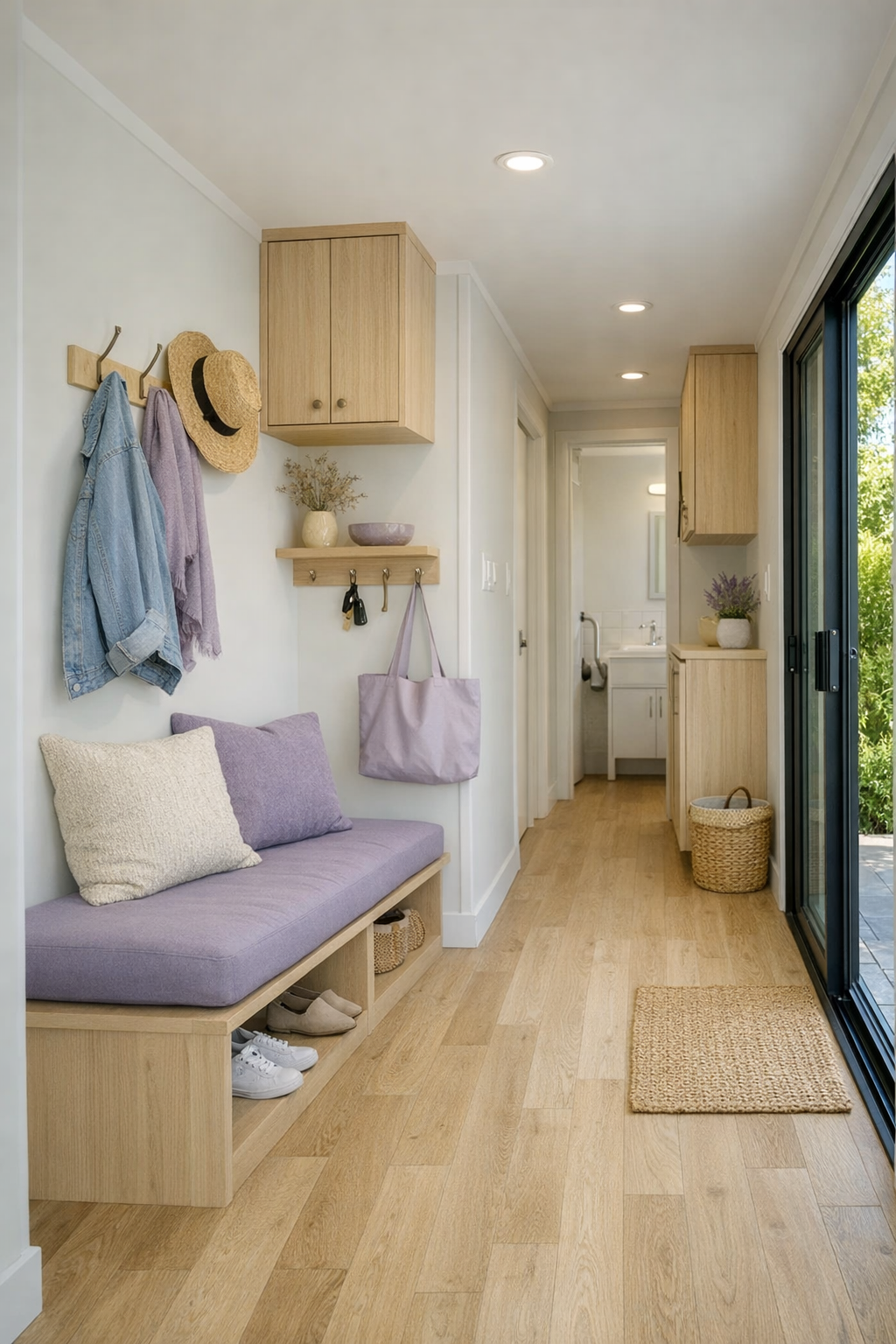 Thoughtful entry and hallway nook with built-in bench, storage, and cohesive soft finishes