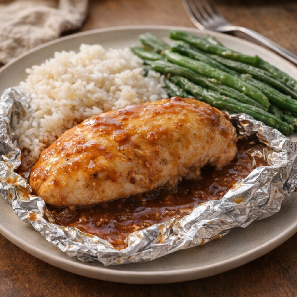 Served brown sugar chicken with rice and green beans on a plate