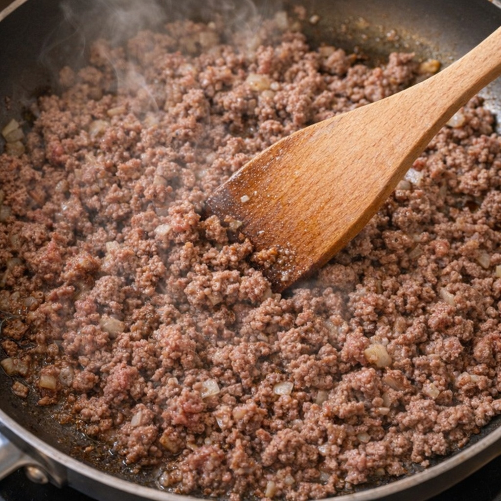 Ground beef browning in a skillet