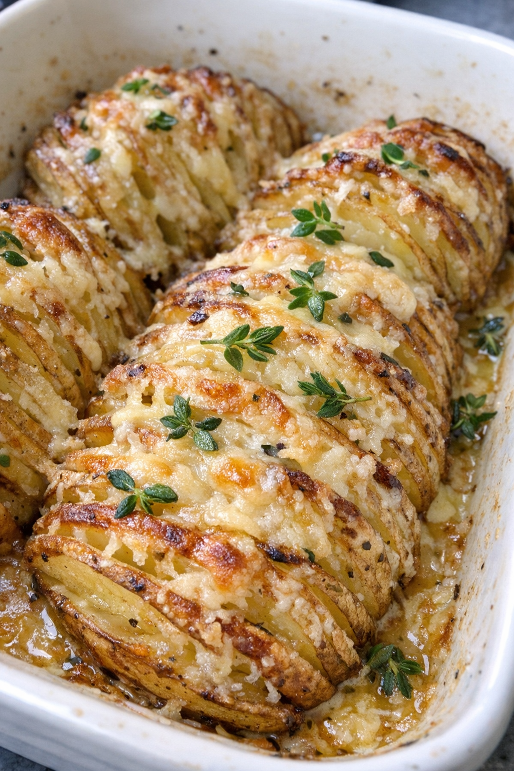 Hasselback style potato fans with melted gruyere cheese and fresh thyme in a white casserole dish