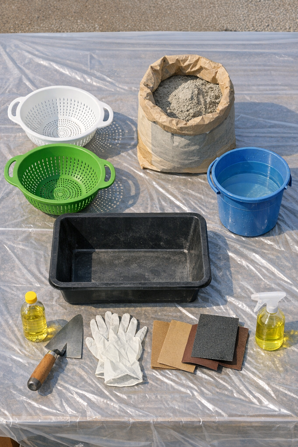 Plastic colanders and cement mix laid out for the project