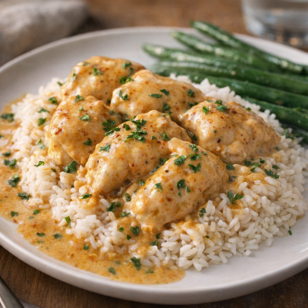 Served chicken Gloria over rice on a dinner plate