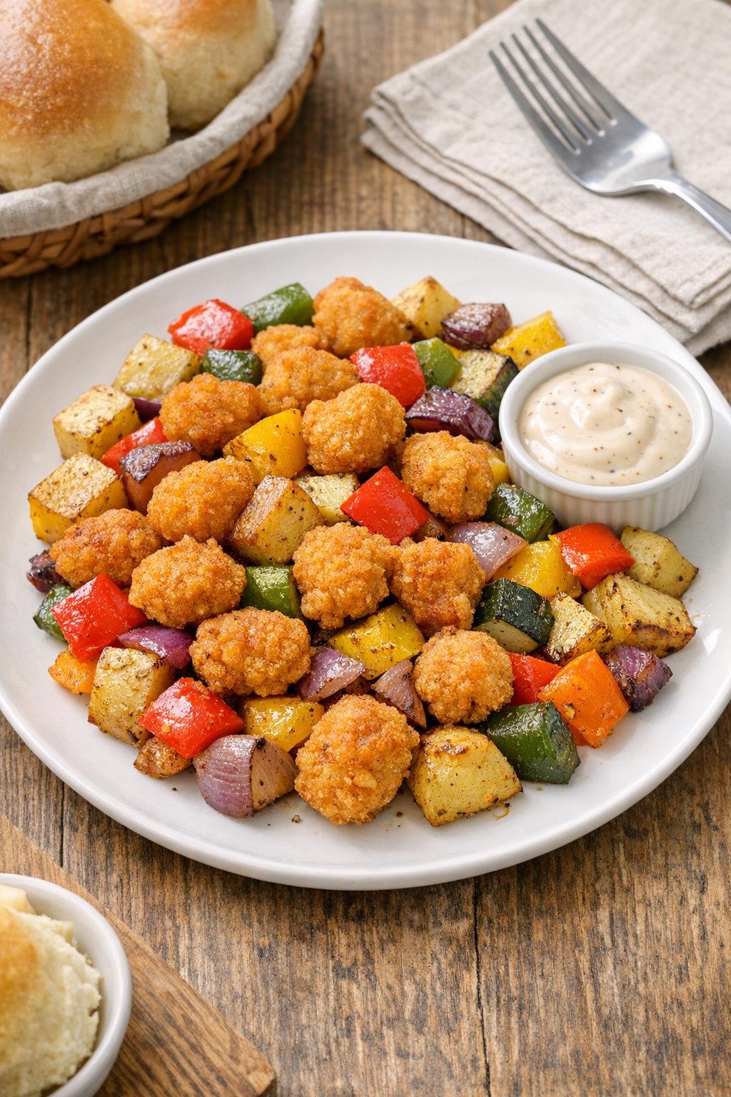Finished sheet pan popcorn chicken dinner with roasted vegetables