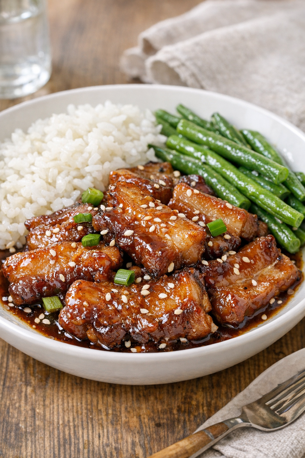 Finished slow cooker pork belly plated for serving