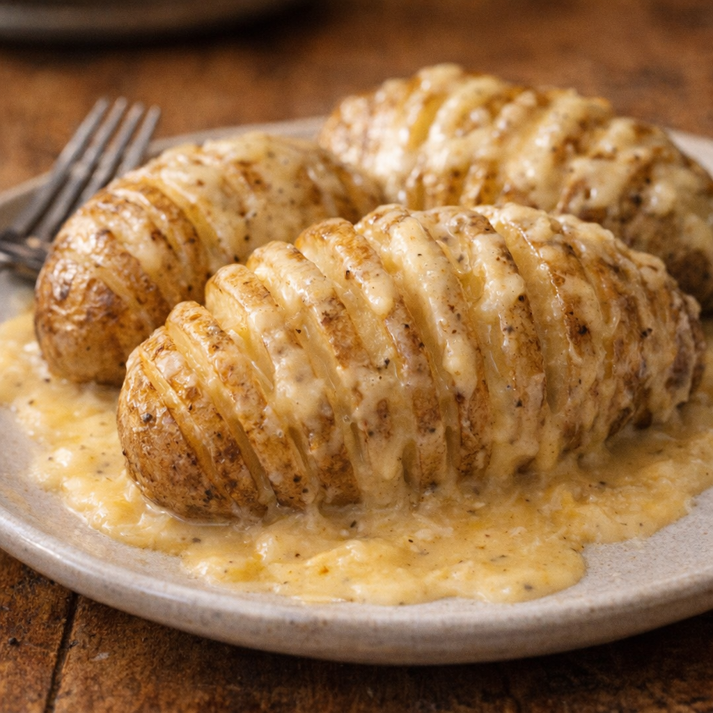 Serving of slow cooker potatoes with creamy sauce on a dinner plate