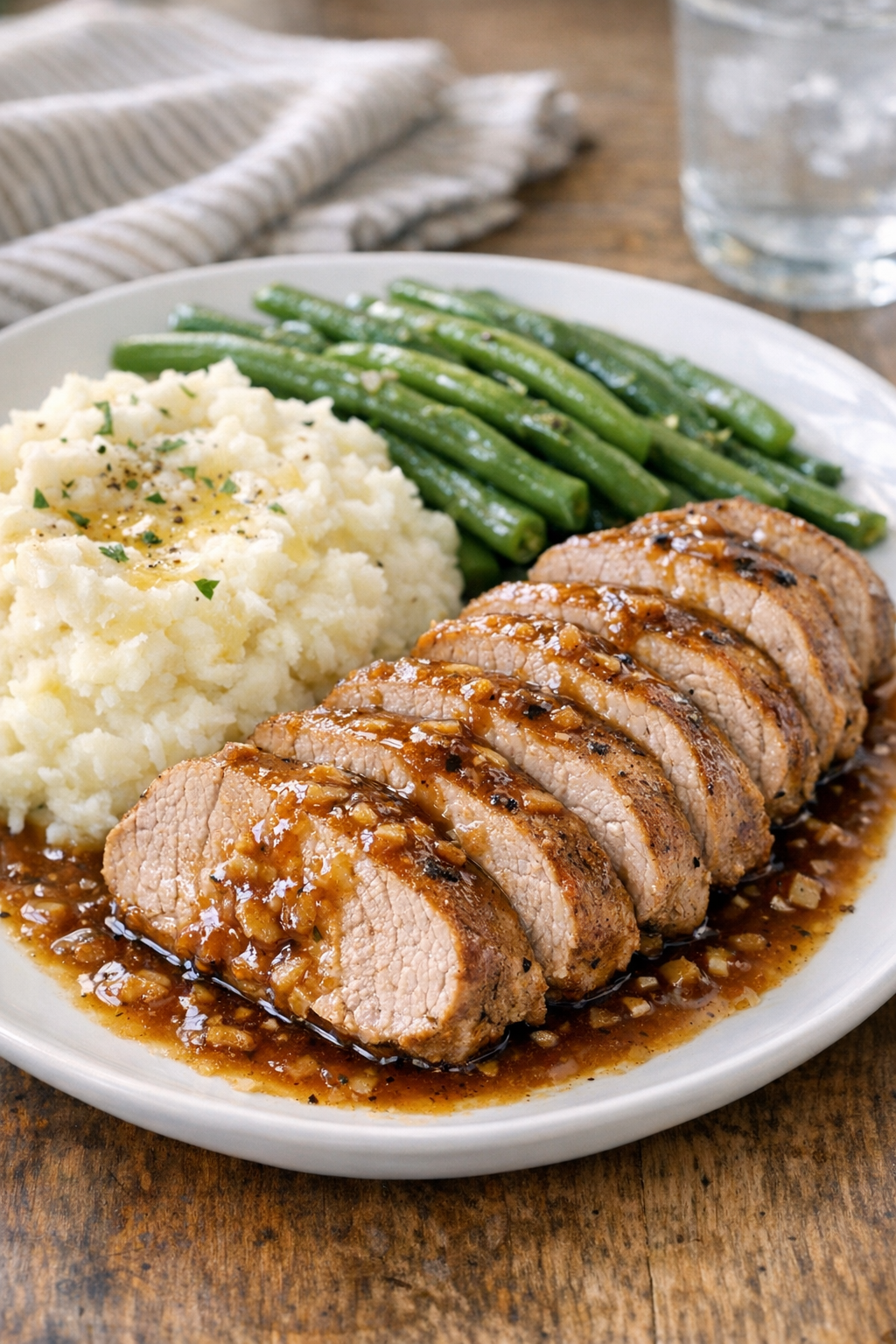 Finished slow cooker pork tenderloin plated with sauce