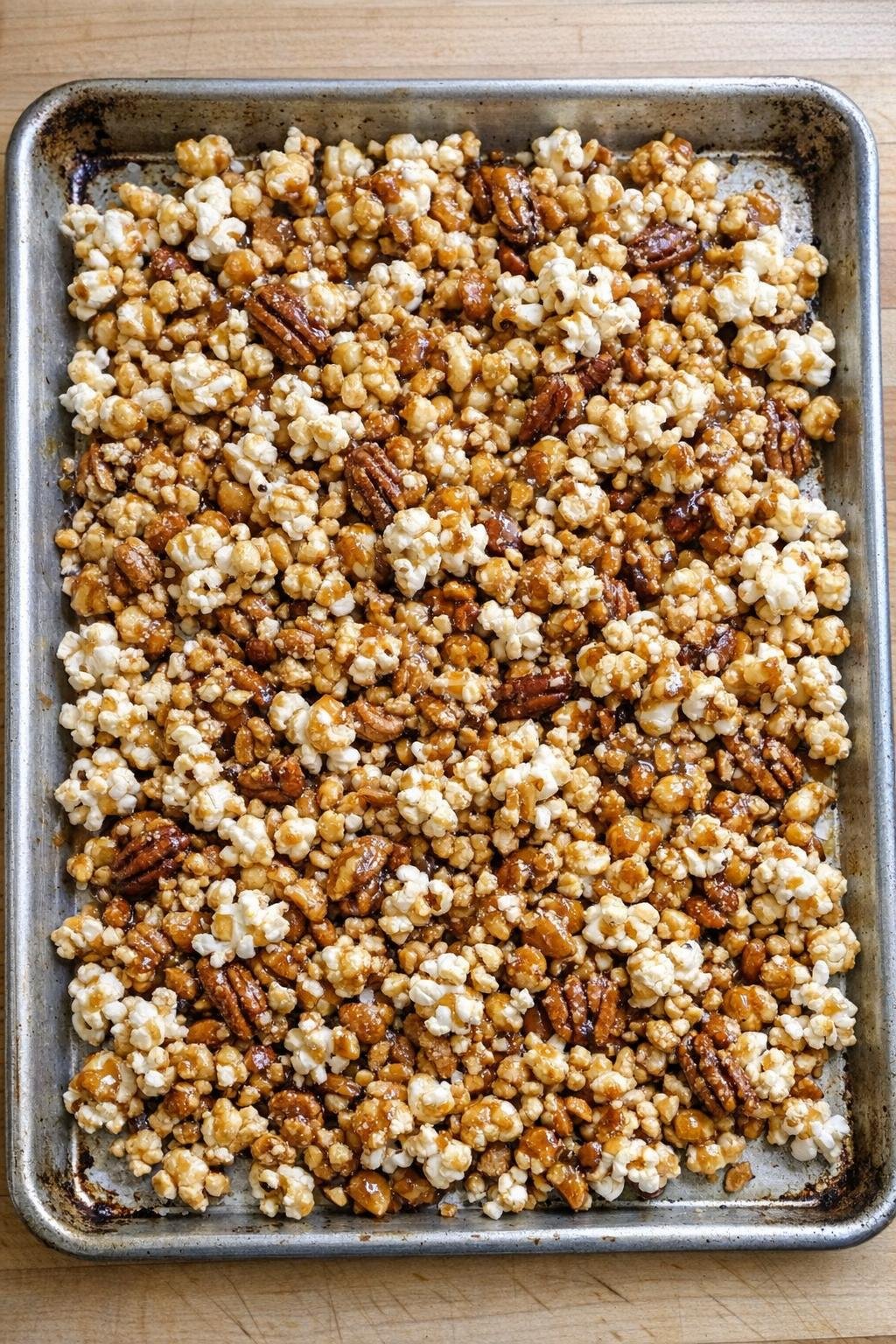 Finished baked popcorn dessert on a sheet pan