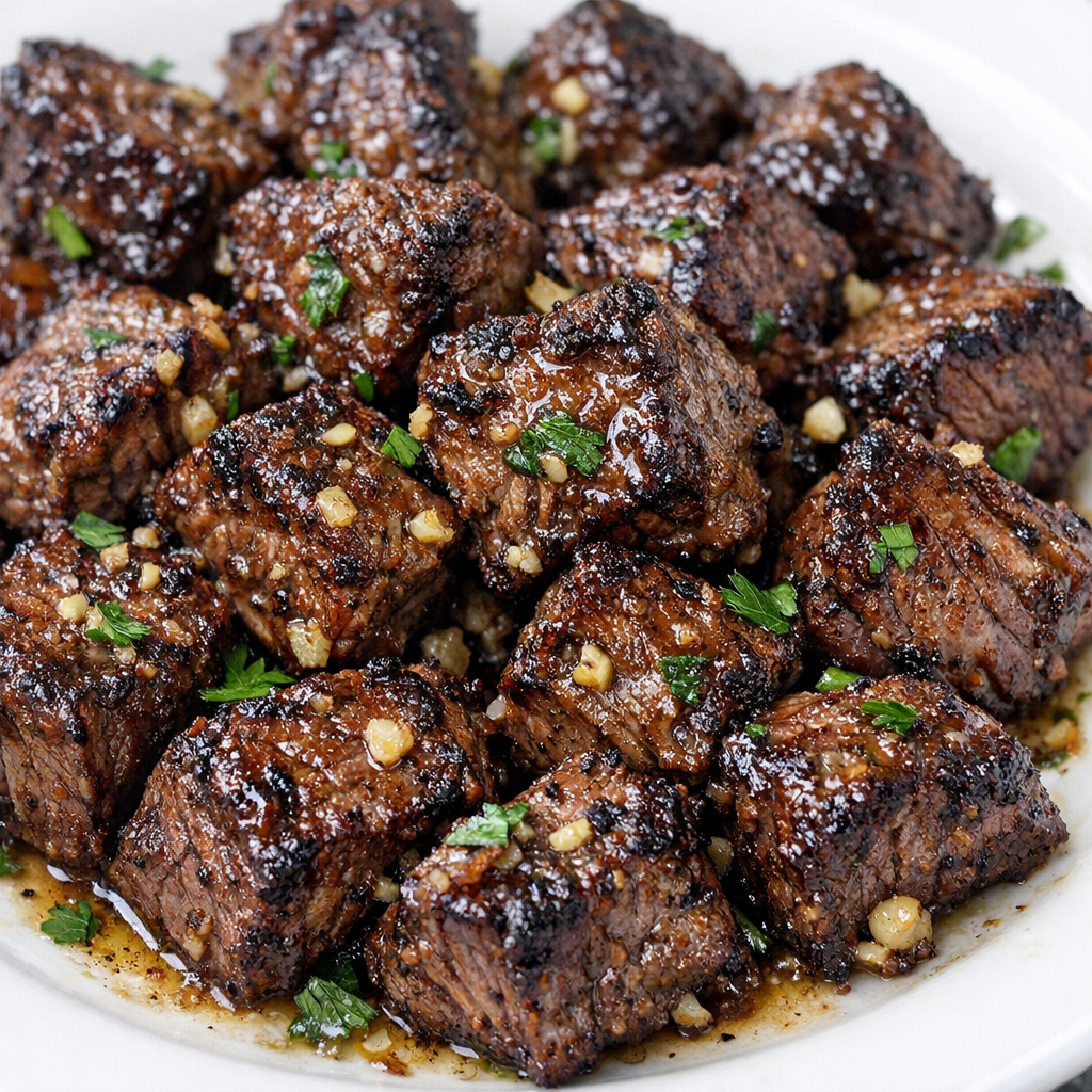 Low carb 4-ingredient steak bites on a white plate