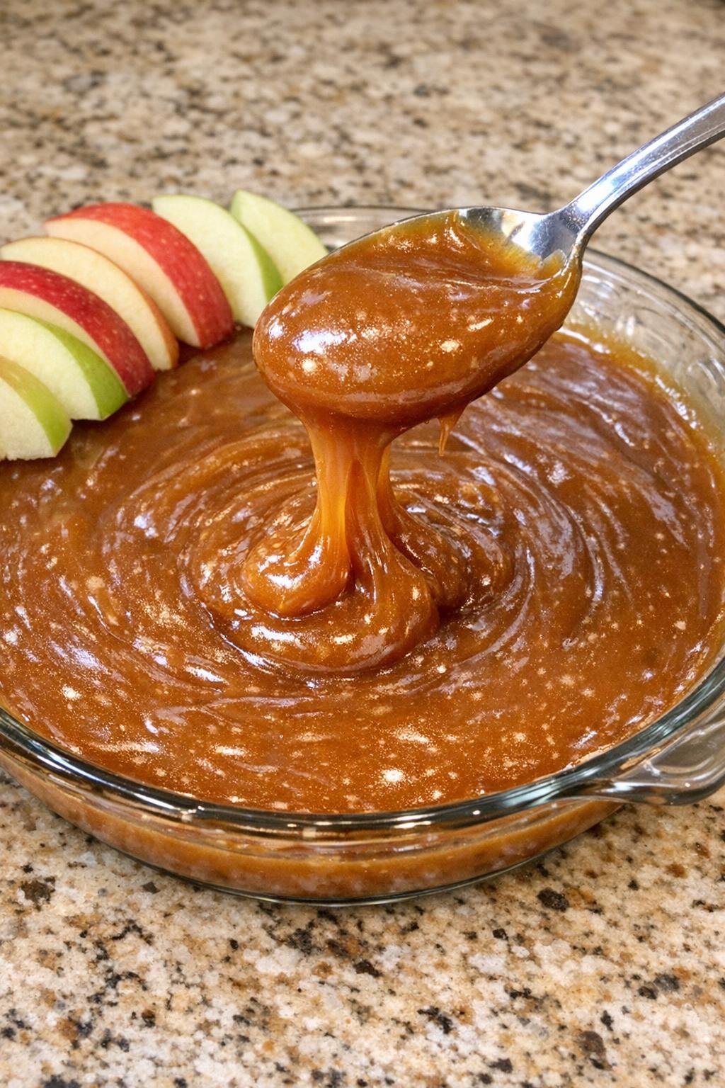 Caramel dip in a glass pie plate with apple slices