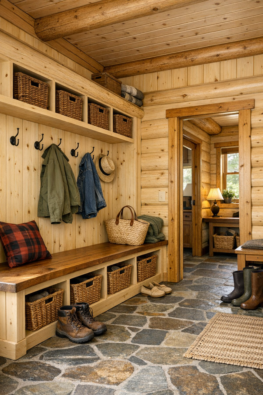 Mudroom and transition space with built-in storage, stone flooring, and soft log walls