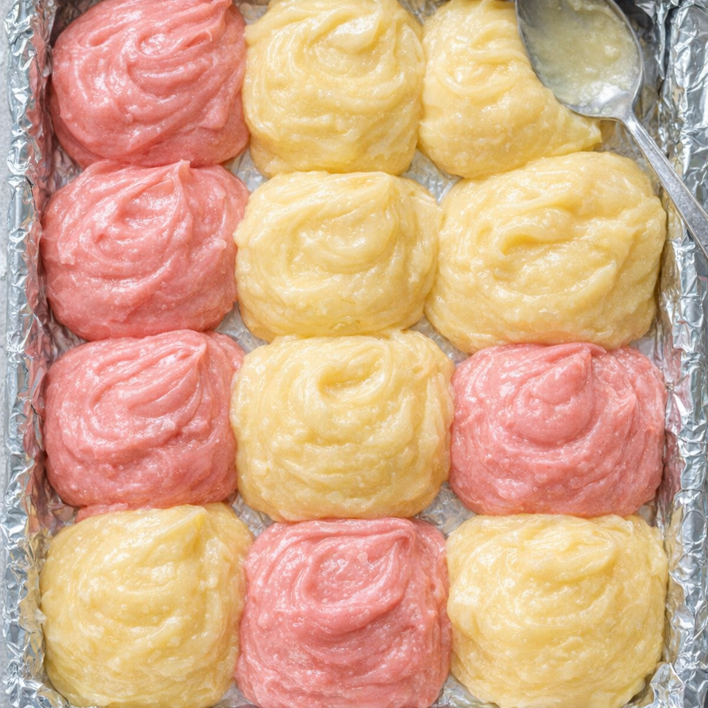Alternating dollops of pink and yellow fudge in the pan