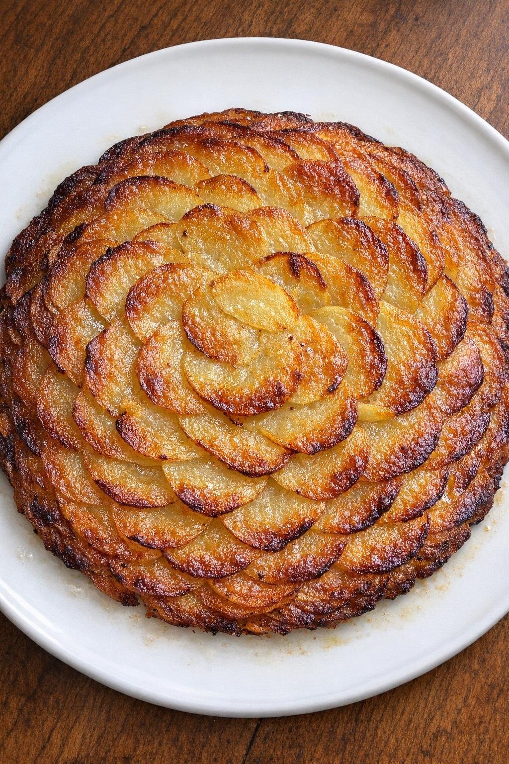 Golden crispy layered potato anna on a white platter