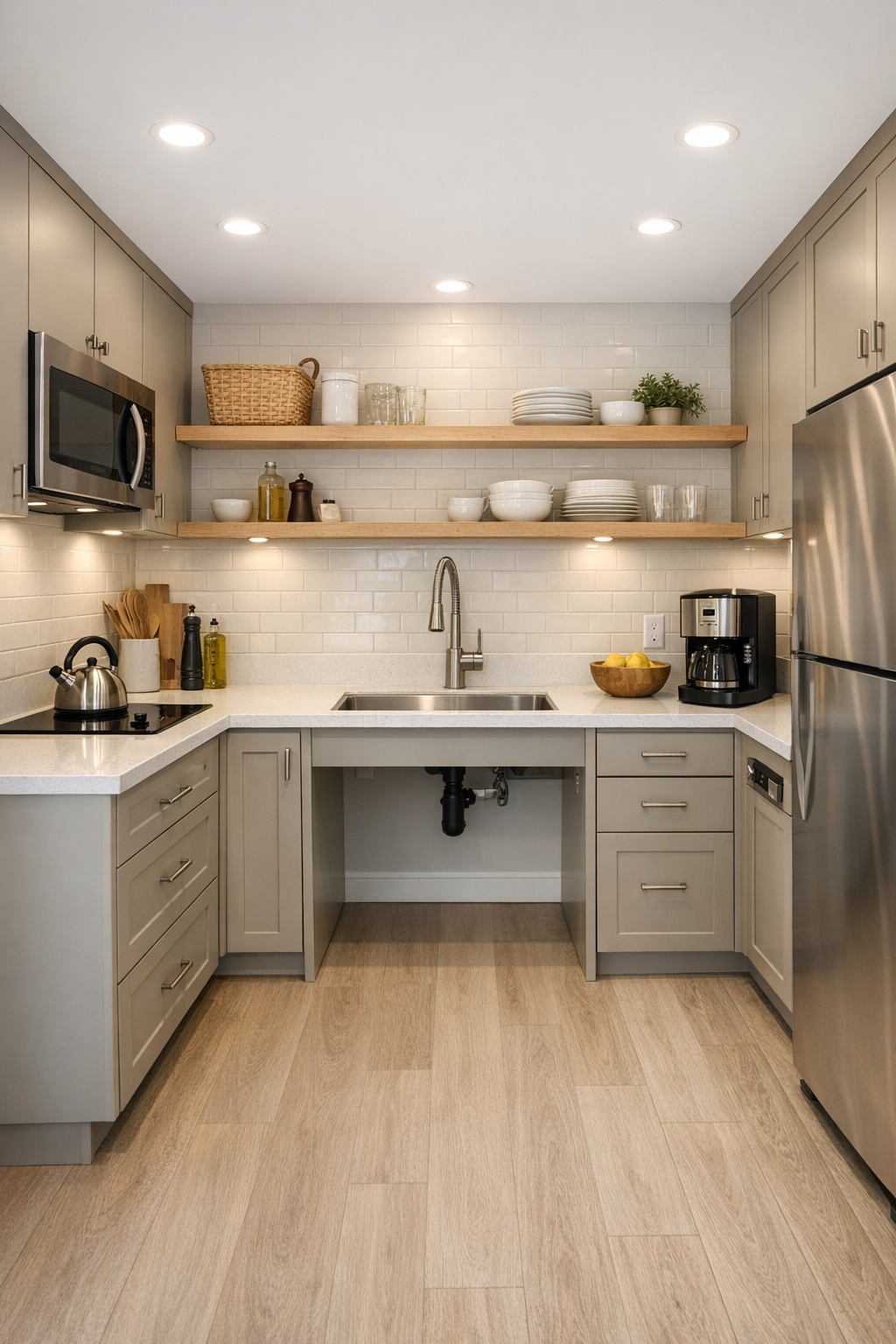 Accessible tiny home kitchen with flax cabinetry, quartz counters, and pale tile backsplash