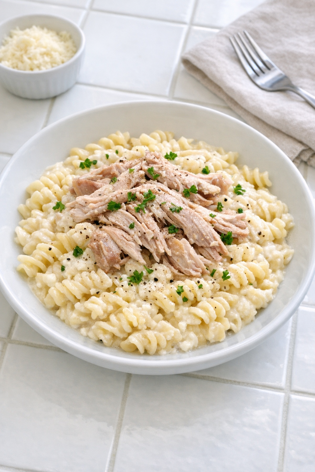 Creamy turkey pasta made with slow-cooked turkey drumsticks and cottage cheese