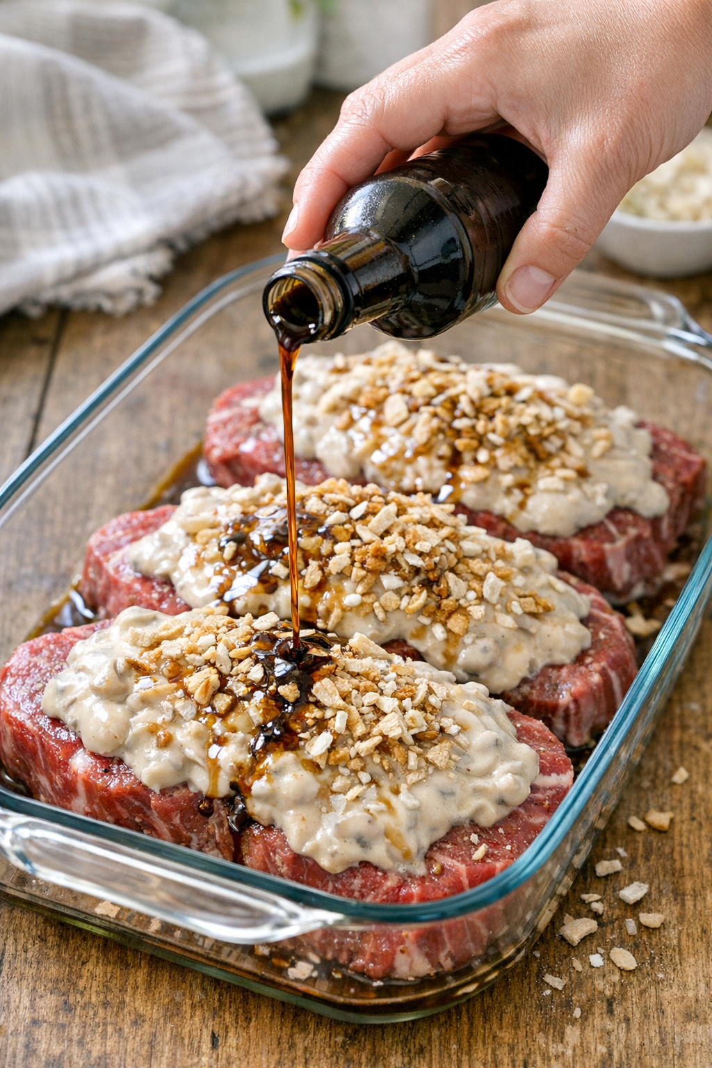 Worcestershire sauce being drizzled over seasoned raw steak