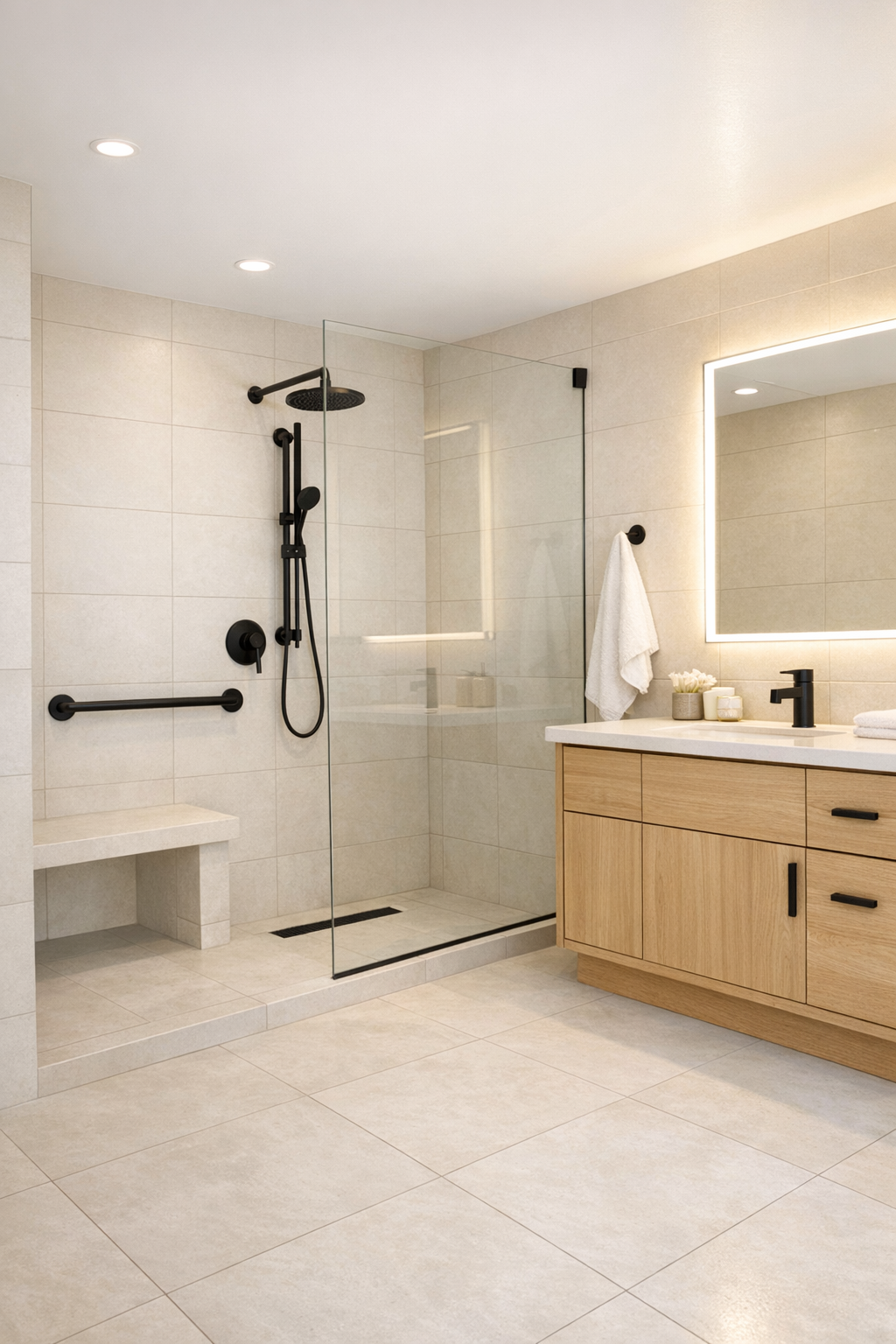 Accessible bathroom with zero-threshold shower, light oak vanity, and warm white tile