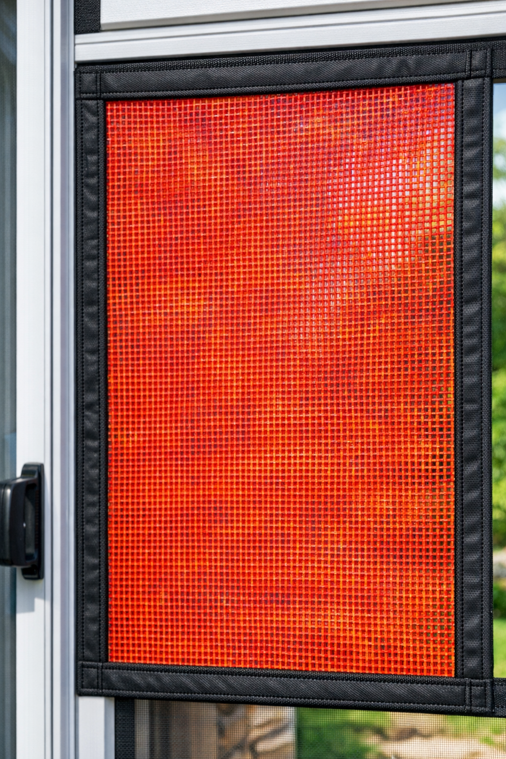Completed red upcycled screen mesh installed in a door frame