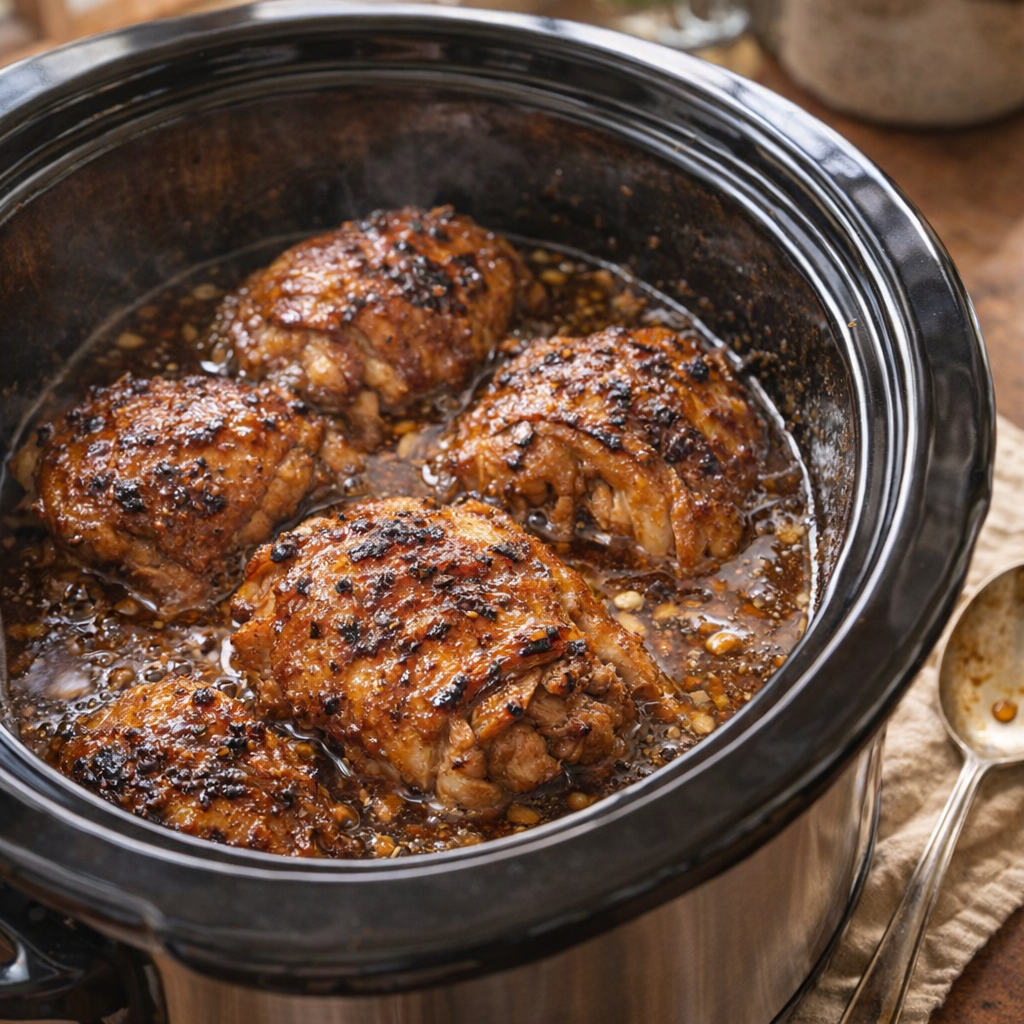 Slow cooker golden glazed chicken bubbling in sauce