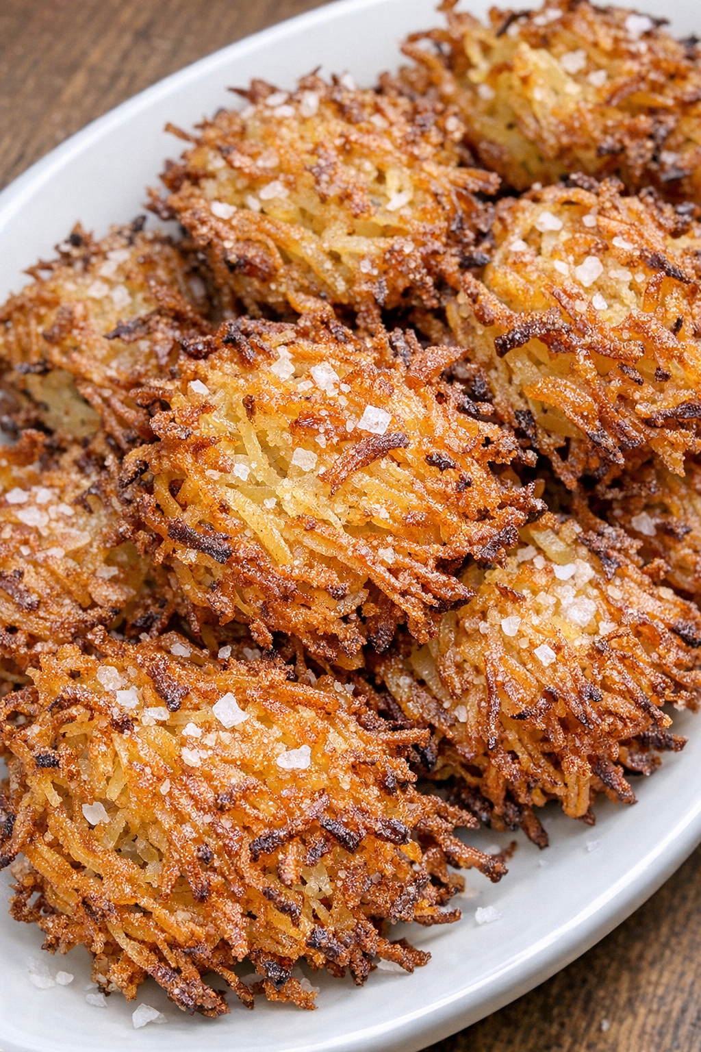 Golden crispy shredded potato haystack bites on a white oval platter