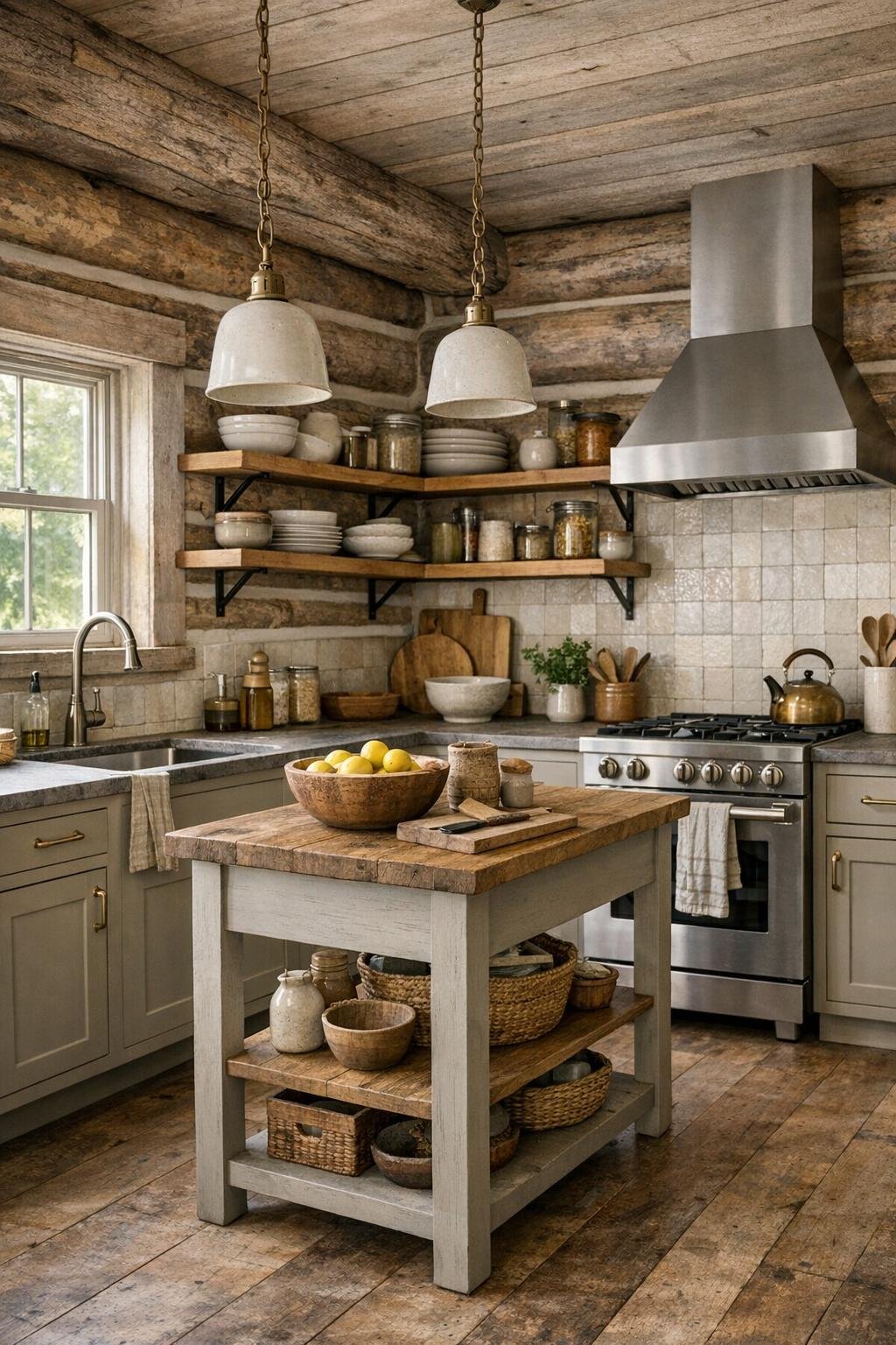 Thoughtfully designed rustic kitchen with putty-toned cabinetry, stone counters, and open oak shelves