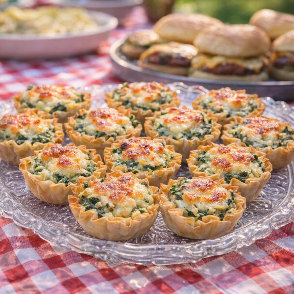 Spinach artichoke cups on a vintage platter at a backyard cookout
