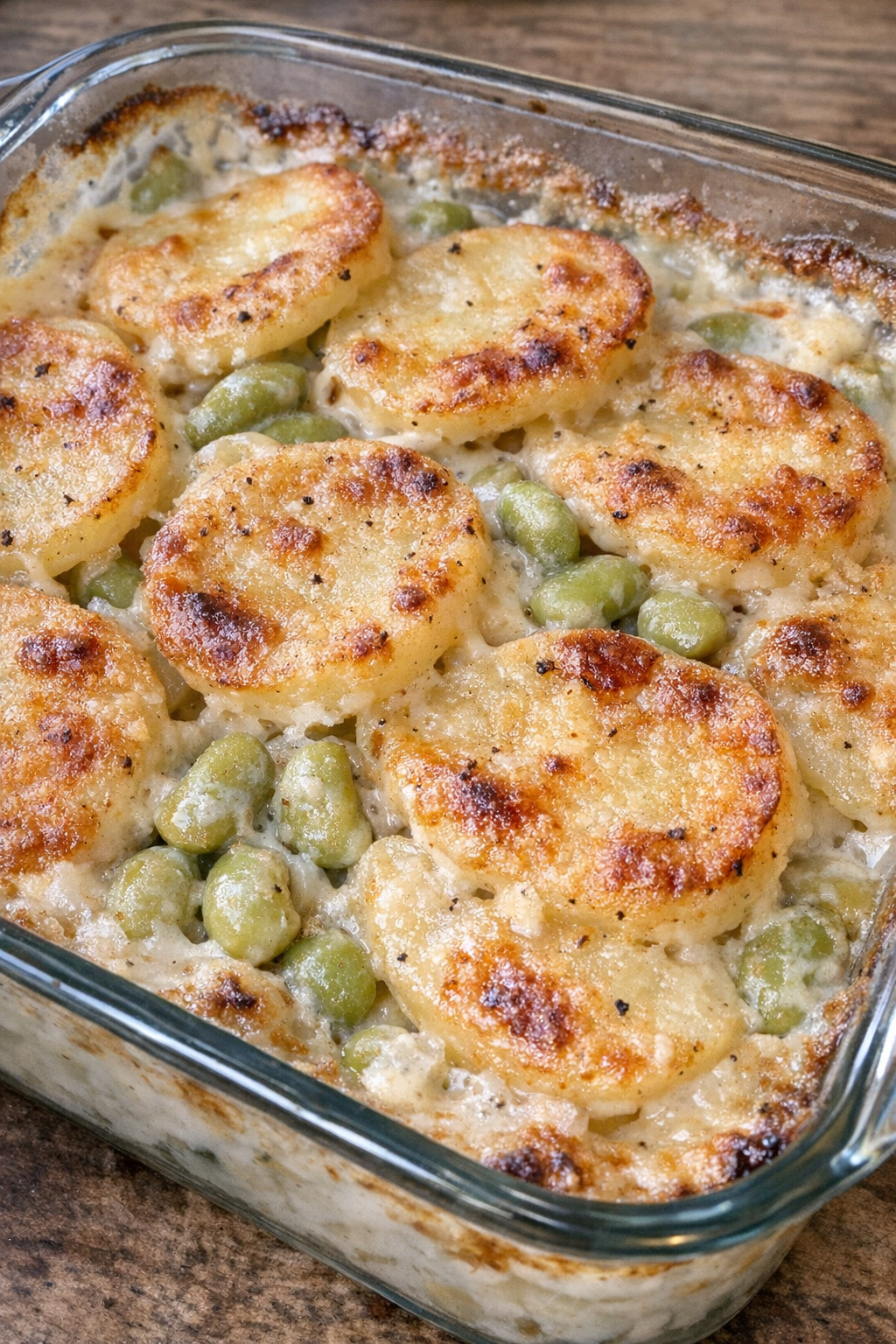 Creamy baked potato and lima bean casserole in a glass baking dish