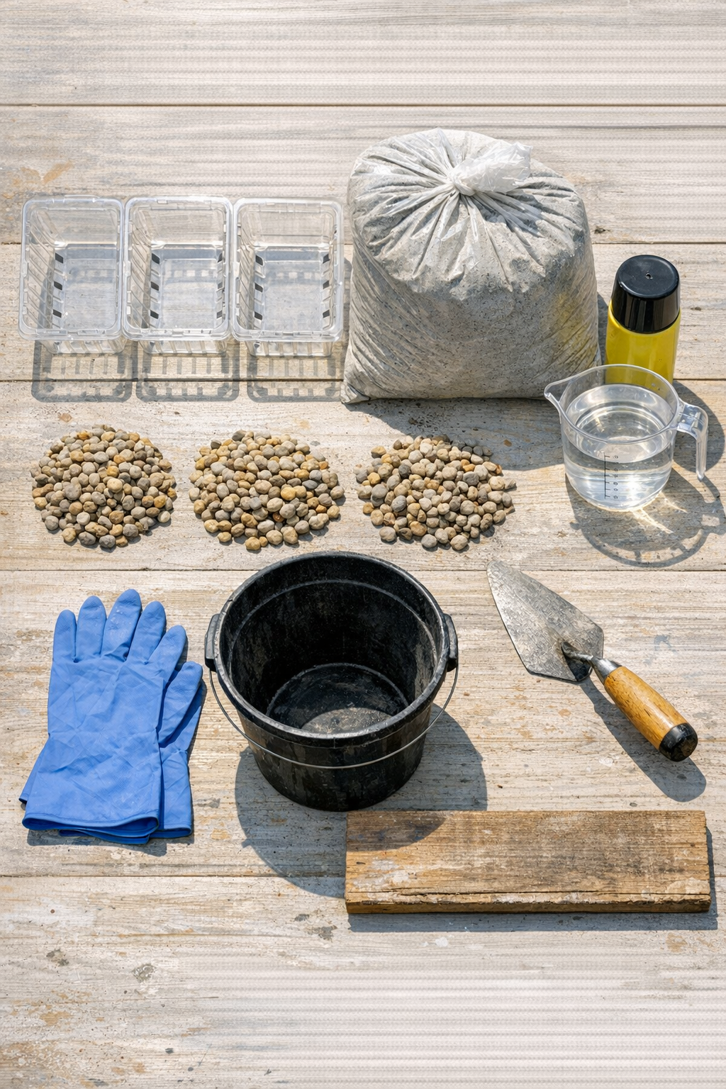 Materials laid out for making cement yard blocks with strawberry clamshells