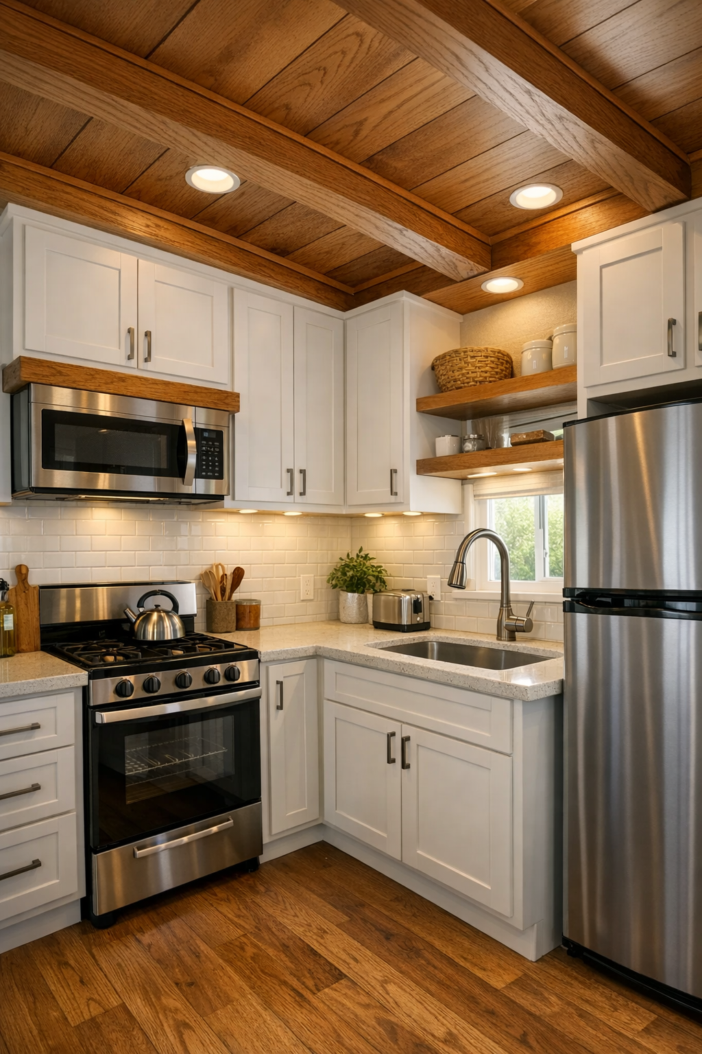 Compact craftsman kitchen with shaker cabinets and warm wood counters