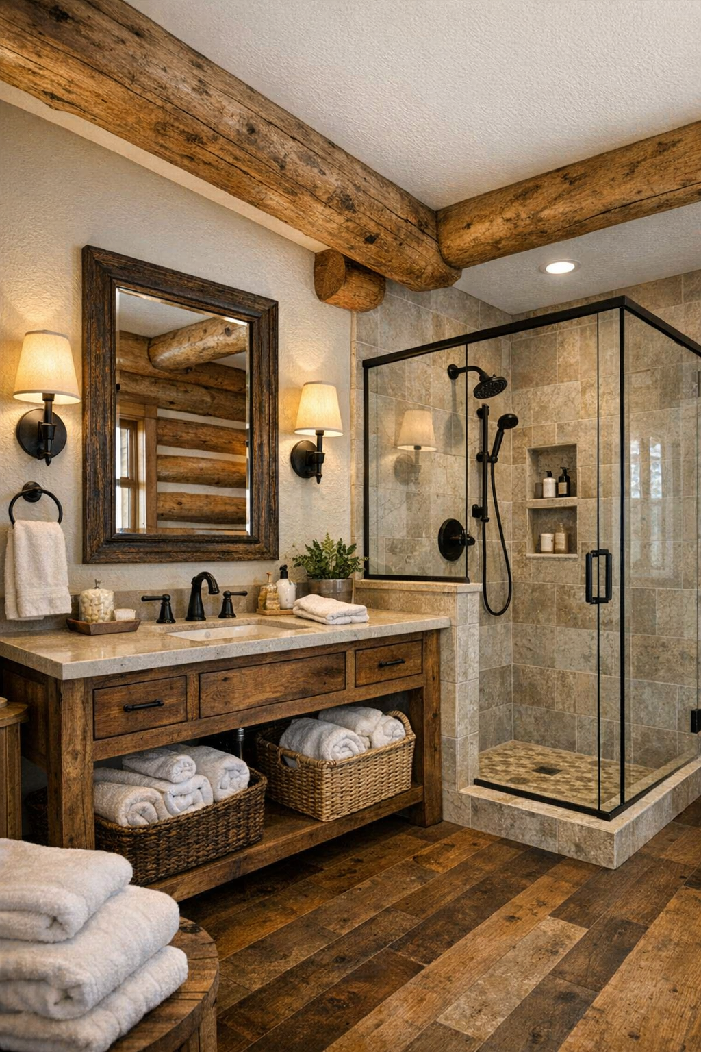 Refined rustic bathroom with wood vanity, stone finishes, and soft lighting