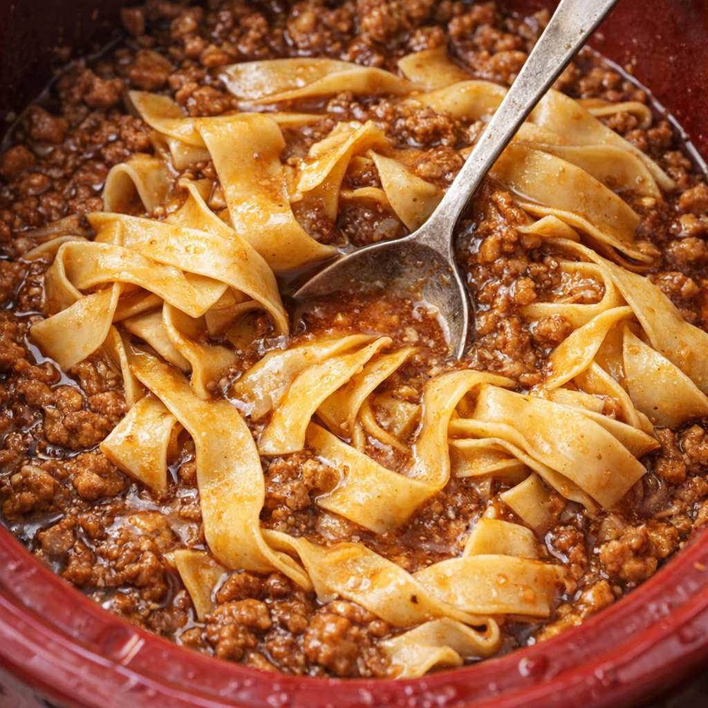 Egg noodles stirred into the slow cooker