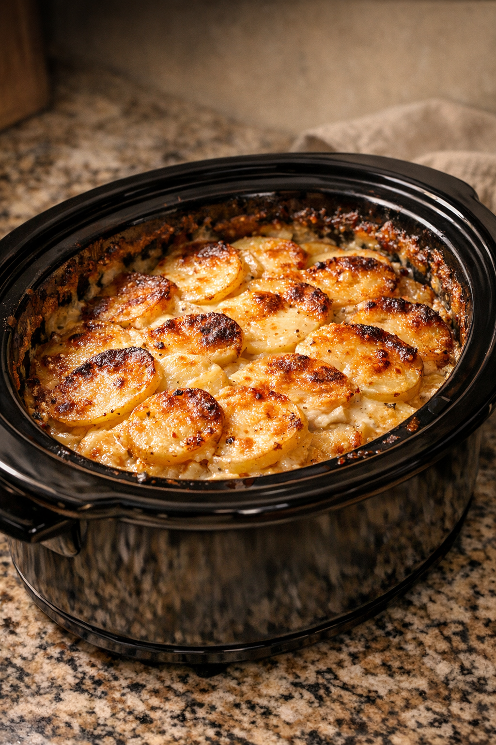 Finished slow cooker scalloped potatoes with golden edges
