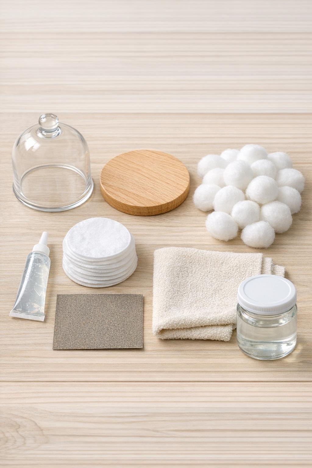 Materials for a glass cloche bathroom cotton dispenser