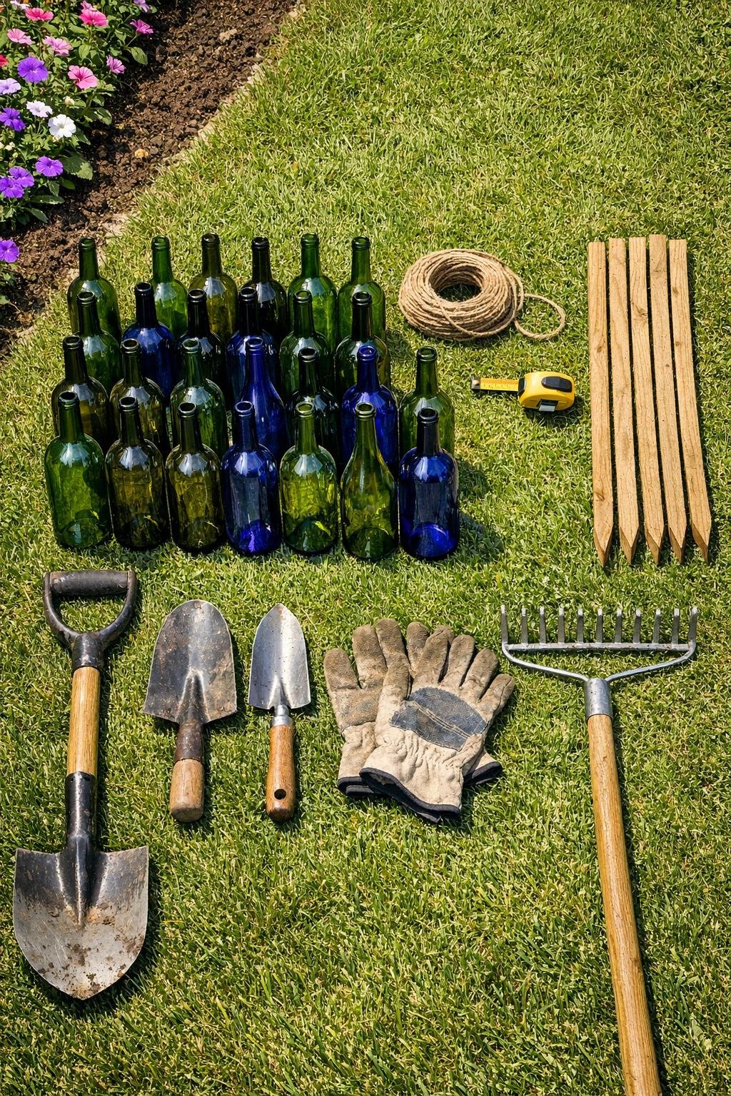 Materials for a bottle garden border laid out together